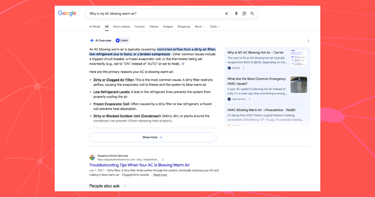 Generative AI results for HVAC queries in the SERPs