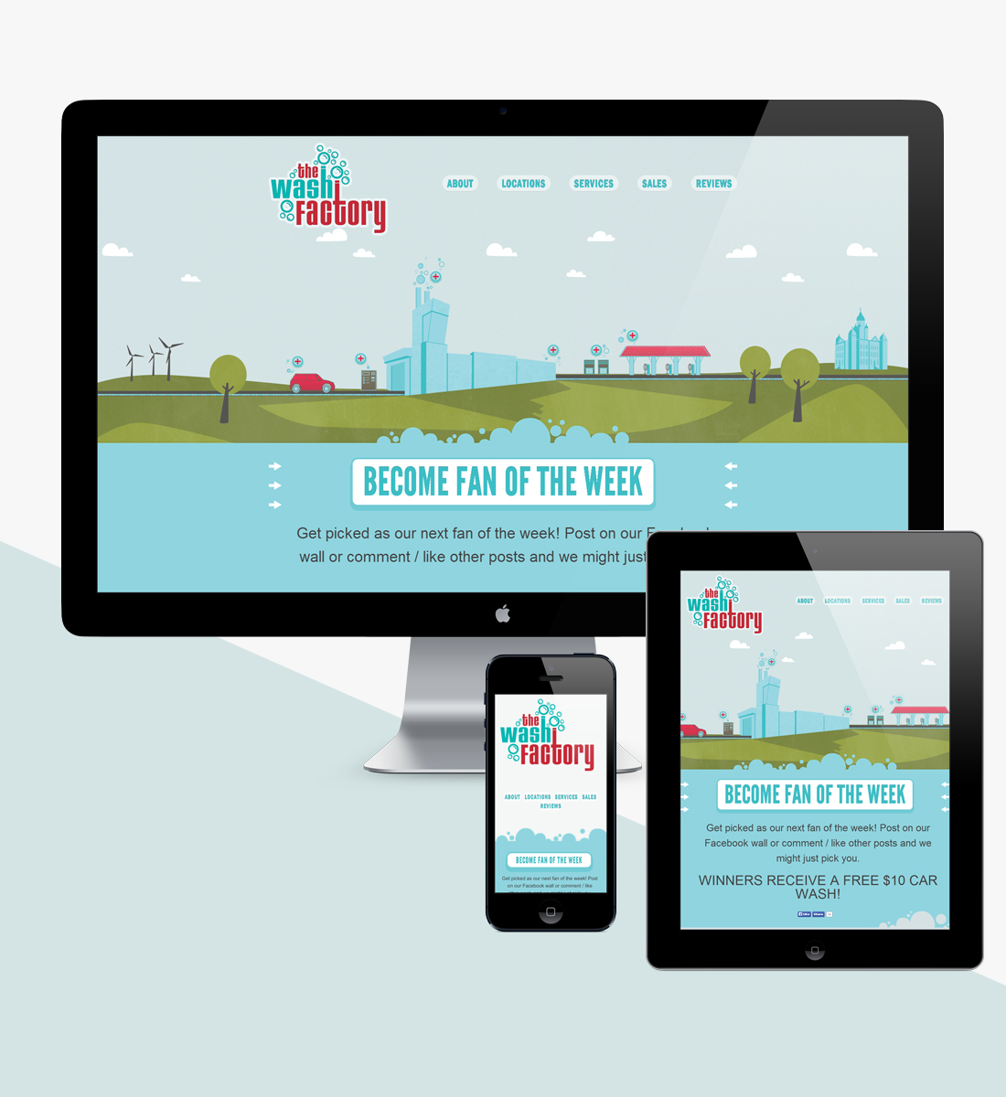 Devices showing responsive website design for The Wash Factory