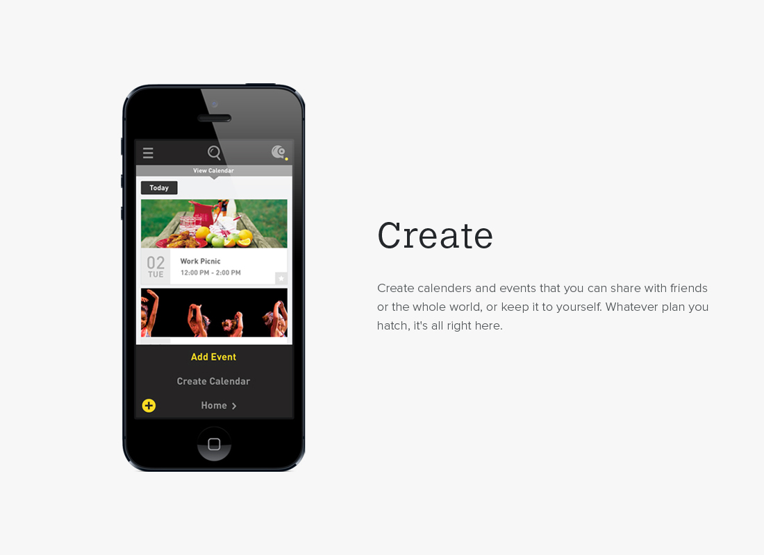 Mobile UI mockup for Calhoot app - Create features