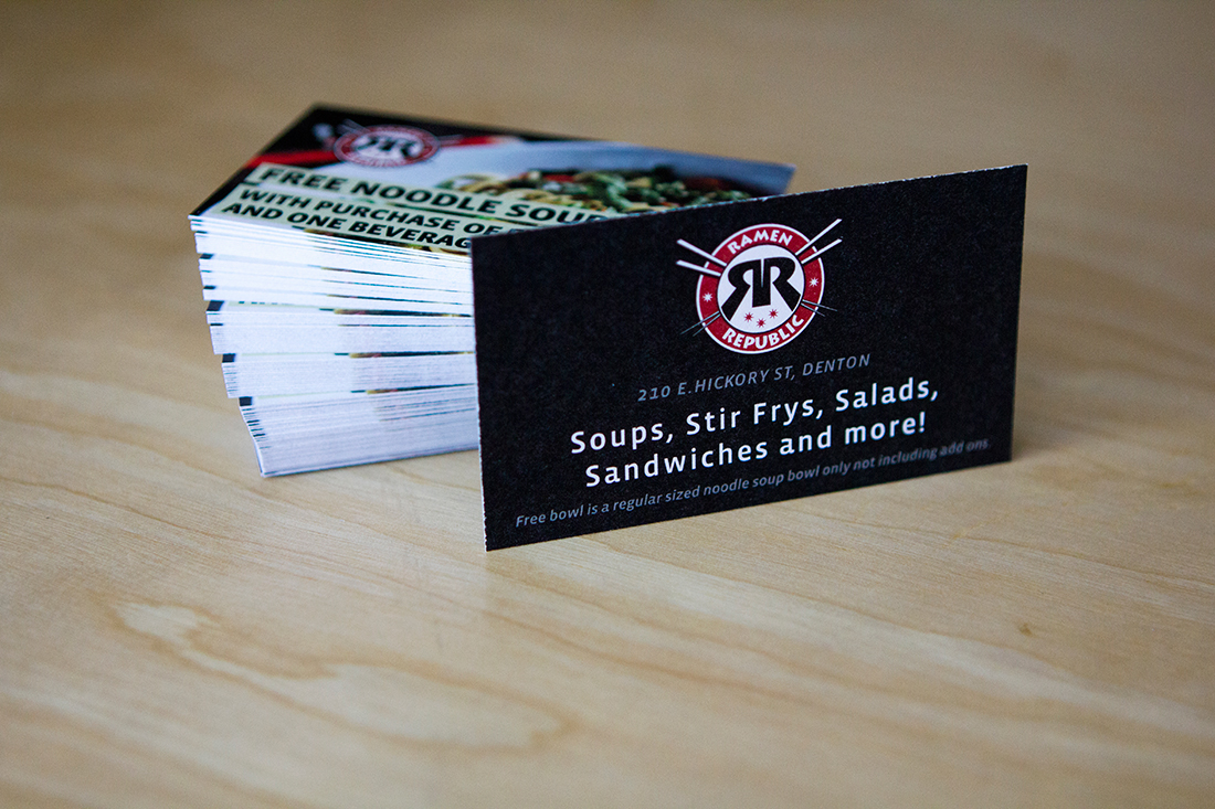 Print design and product photography for Ramen Republic coupon cards.