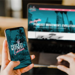 A user looking at the PodcastMovement on mobile and desktop